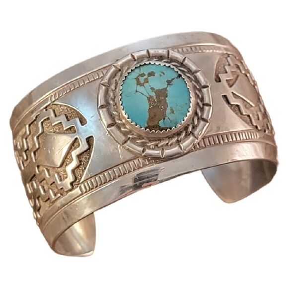 Vintage Wide Morenci Turquoise Sterling Navajo Cuff Bracelet By J. Dodge - Picture 1 of 11